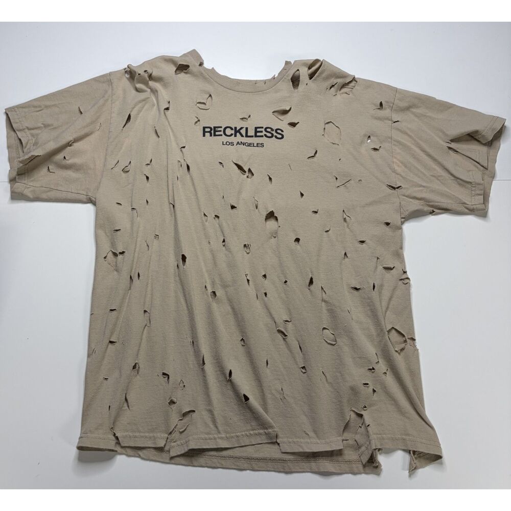 Y&R Reckless Tan Distressed Hole T-Shirt Mens XL